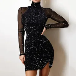 Sexy Mesh Glitter Dress Fashion Colorblock Skinny Mini Dress Long Sleeve Half High Collar Bodycon Party Dress Ladies Short Dress