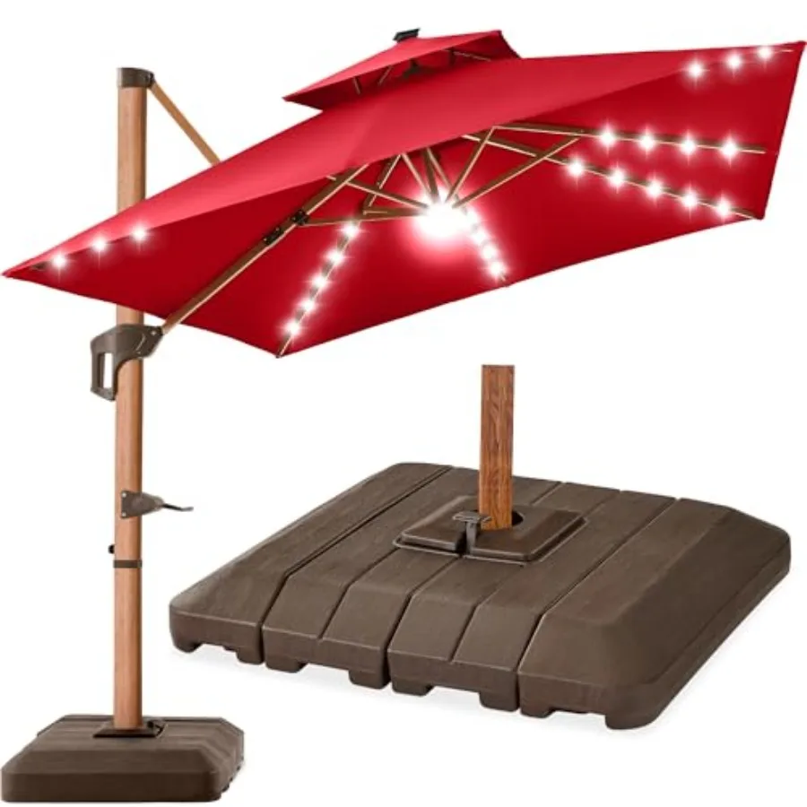 

Patio umbrella for outdoor use, polyester fabric in beige, woodgrain aluminum pole with solar LED lights, 360-degree rotation a