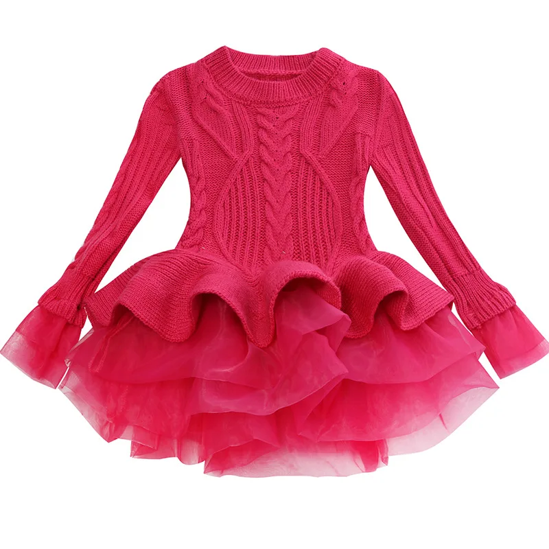 Autumn and Winter Girls\' New Long sleeved Mesh Sweater Tutu Dress Christmas Halloween Birthday Party Fashion Warm Woolen Dress