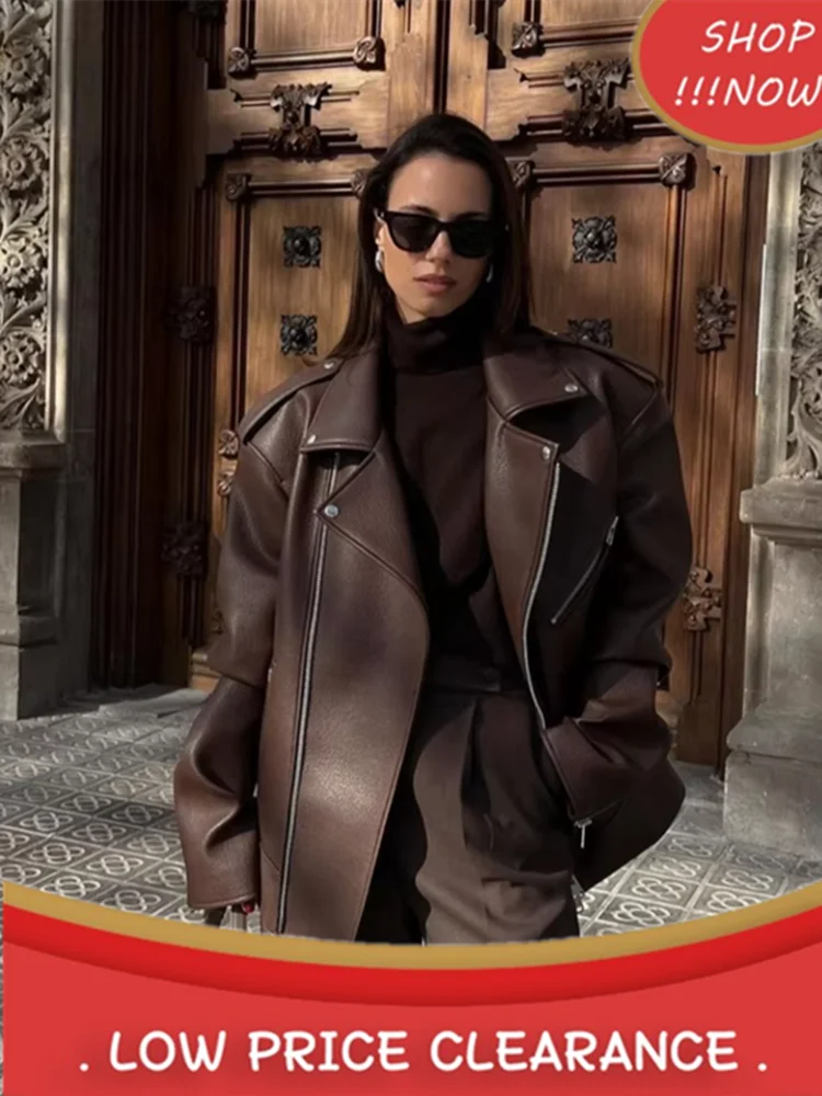 Street PU skórzane kurtki damskie z klapami długie rękawy zamek błyskawiczny płaszcze damskie 2024 jesień nowy motocykl dorywczo luźna odzież damska