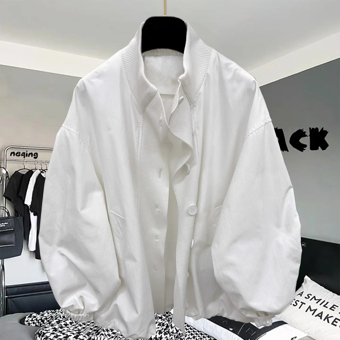 

Retro Large Size 300 Pounds Color Block Collar Long Sleeve Jacket Men Spring Autumn Loose Top Outerwear Polyester Fiber
