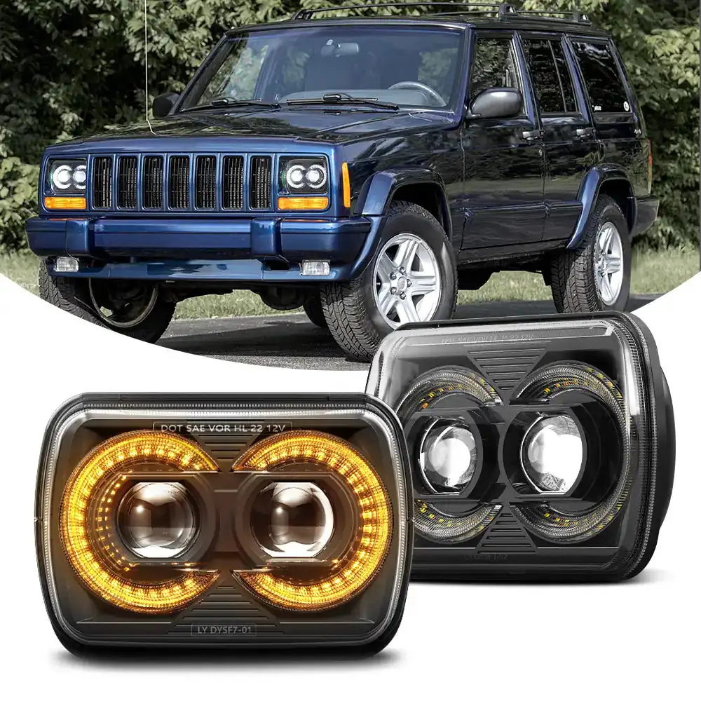 5x7 Inch Led Headlights for Jeep Wrangler YJ Cherokee XJ H4 Plug Amber Angel Eyes running lights for cars 12v Drl 7x6'' Headlamp