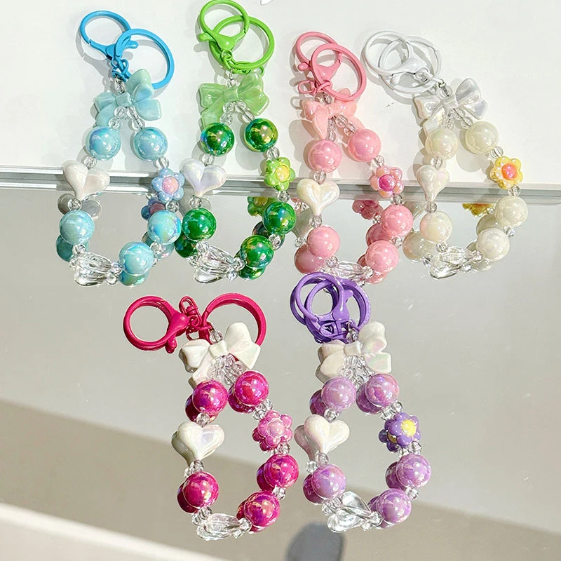 1PCS Bowknot Flower Crystal Bead Phone Chain Pendant For IPhone For Universal Phone Rope Strap Bag Decoration