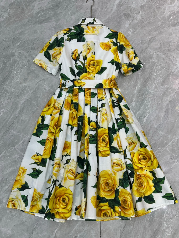 AELESEEN Sicilian Summer 100% Cotton Dress Women Turn-down Collar Yellow Flower Print Single-breasted Belt Elegant Midi Poplin