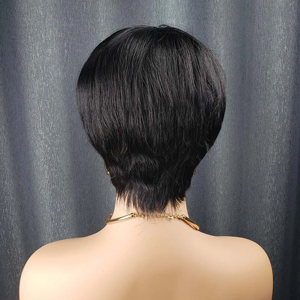 픽시 컷 인모 짧은 레이어드 기계 제작 가발 여성용 브라질 레미 스트레이트 인모 가발 내추럴 블랙 컬러