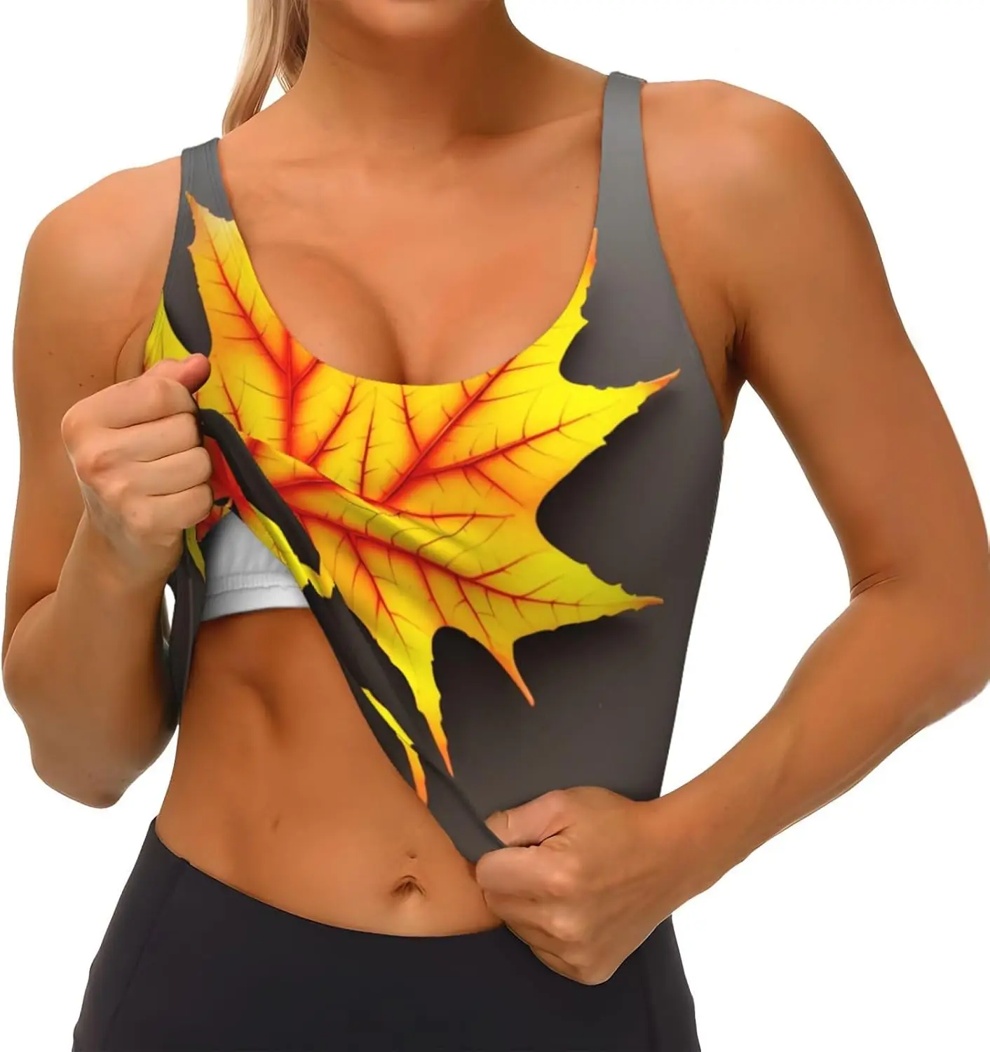 요가 운동 피트니스를 위한 가을 단풍잎 인쇄 여성용 스포츠 조끼 - 운동선수를 위한 캐주얼 민소매, 블랙, 라지