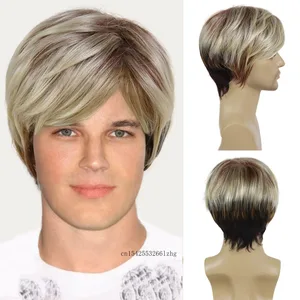 GNIMEGIL Synthetic Short Wig Blonde Brown Ombre Layered Wig Male Men's Natural Hair Straight Soft Breathable Daily Cosplay Party