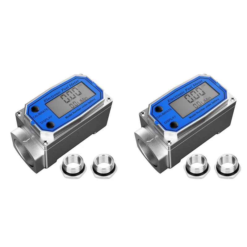 

A76X-2 Set 1 Inch Fuel Flow Meter With 3/4 Inch Adapters, Digital Turbine Flow Meter 2.5-31 GPM Inline NPT Thread