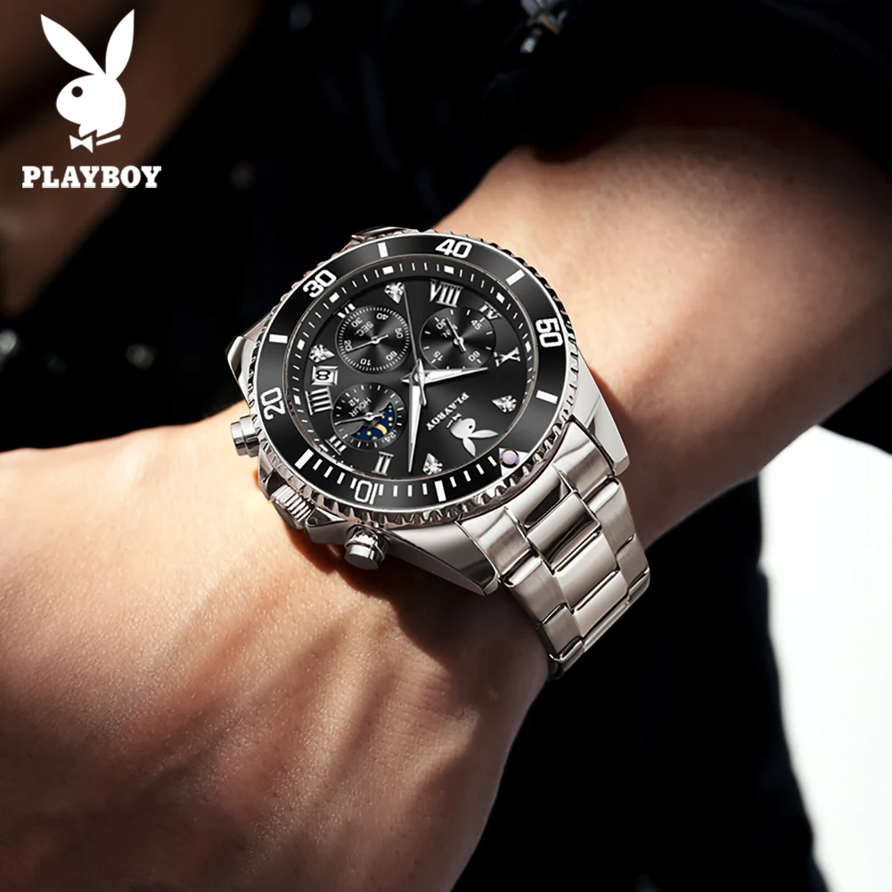 PLAYBOY Original Stainless Steel Multifunction Men Quartz Watch Best Selling High Quality Casual Fashion Trend Men's Wrist Watch