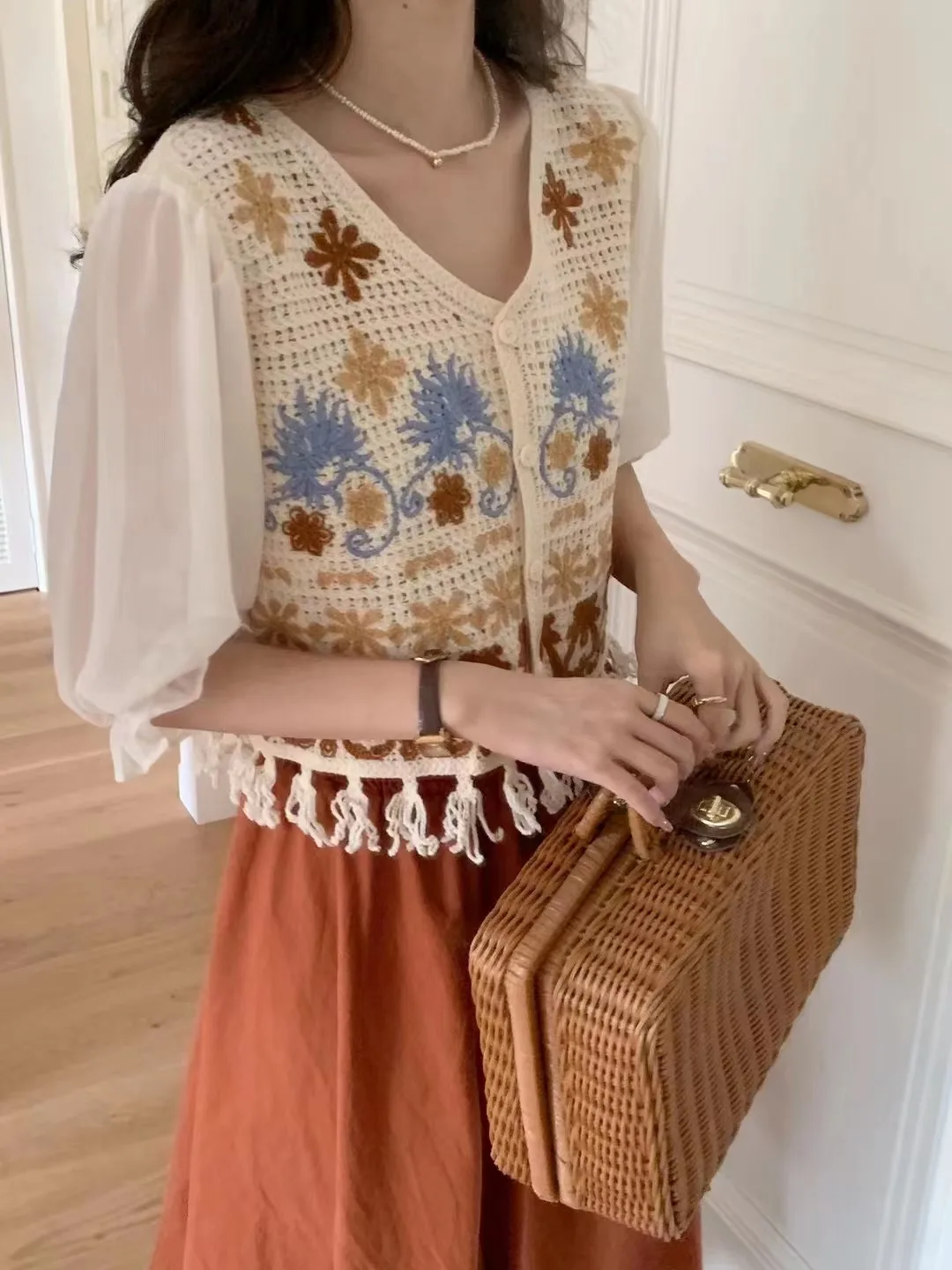 Women Crochet Knit Top with Chiffon Half Sleeve V-Neck Button Down Embroidery Floral Blouse Cardigan Summer Fairycore Outfit