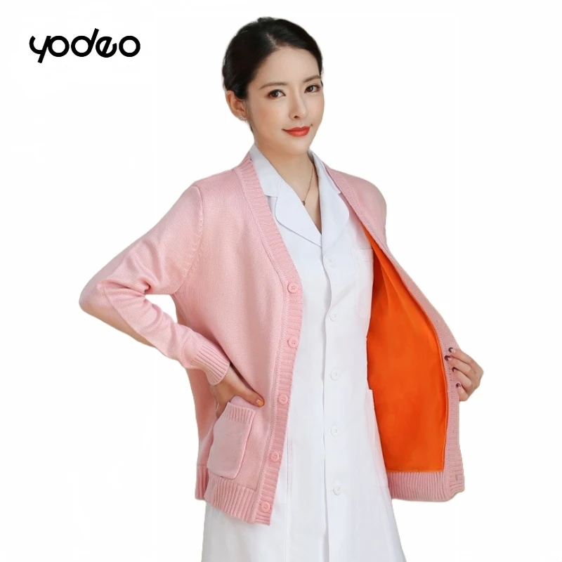 Manteau pull d'infirmière d'hôpital, cardigan tricoté chaud coupe-vent en velours doré épais, vêtements de travail d'infirmière résistants à l'usure pour hommes