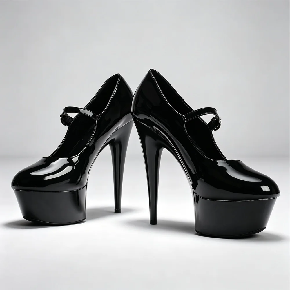 Schwarze Lackleder Pole-Dance-Schuhe für Damen, High Heel Mary Jane mit Knöchelriemen, Plateau-Stilettos für Party, Club und Tänzerinnen. – Detail 3