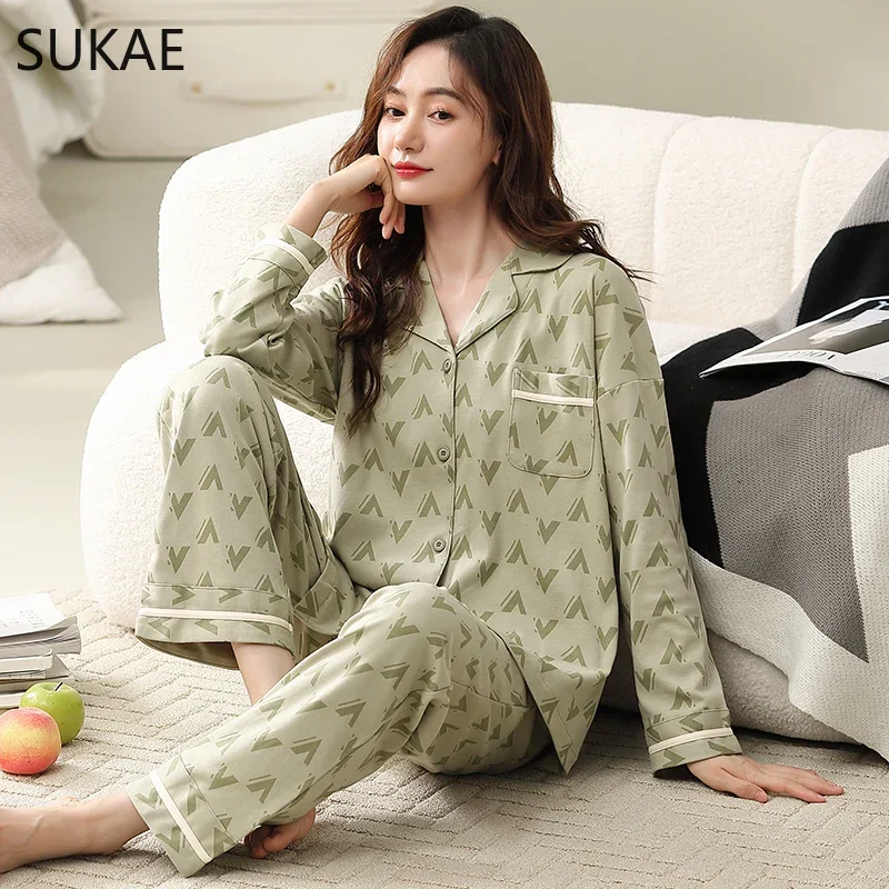 SUKAE Spring New M-3XL Fashion Womans Pajamas Set Long Sleeves Turn-down Collar Pijama Cardigan Nightwear Leisure Girl Sleepwear