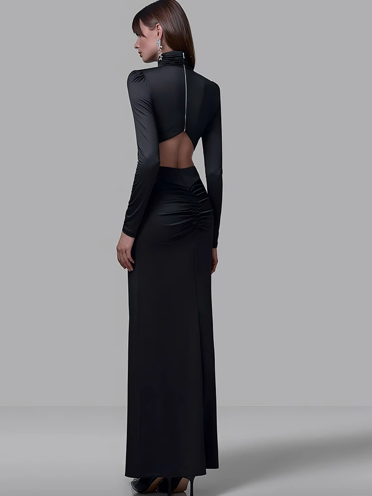 JULISSA MO col roulé Sexy dos évider froncé femmes robe Maxi automne fermeture éclair manches longues maigre élégant robe de soirée