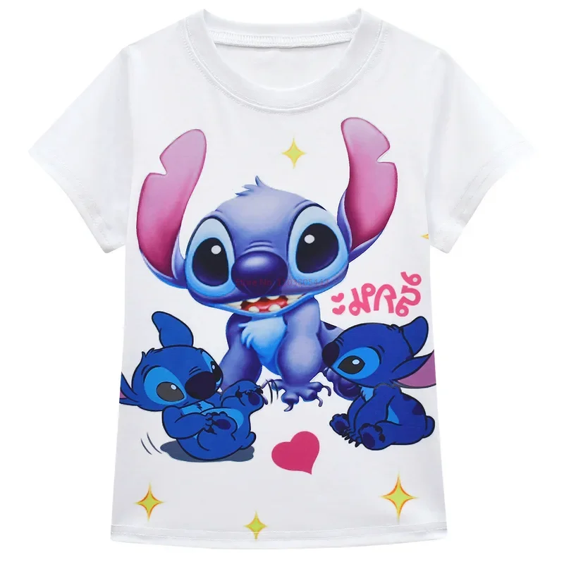 2025 New Stitch And Angel Children's Set Sleeve Pleated Cartoon Printing Kawaii Short Sleeves Skirt Lovely X158