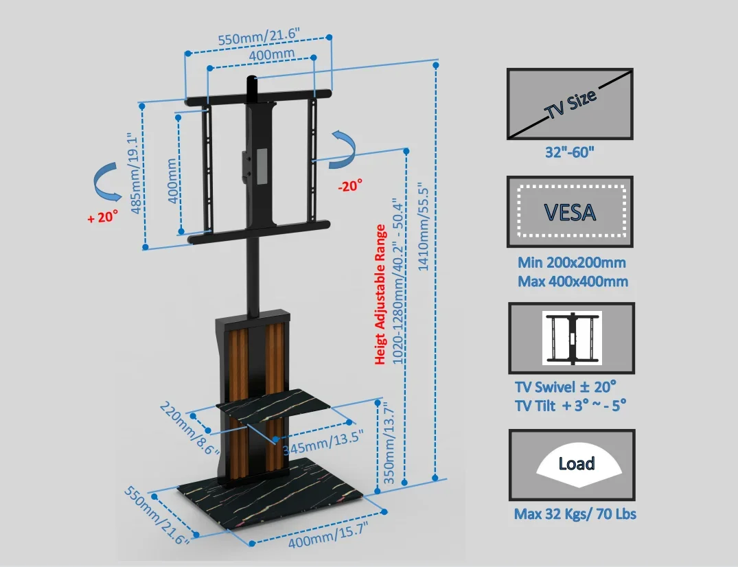 Jiesheng-Suporte de TV Flutuante com LED De Madeira, 65 "Vidro Temperado, Mármore Preto, 600*400mm, Moderno, Mais Vendido