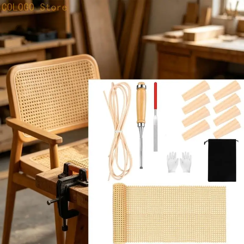 Chair Reweaving Supply with Natural Rattan Sheet, Round Binding and Hand Tool 14 Piece Rattan Repair Set for Seat Repair and