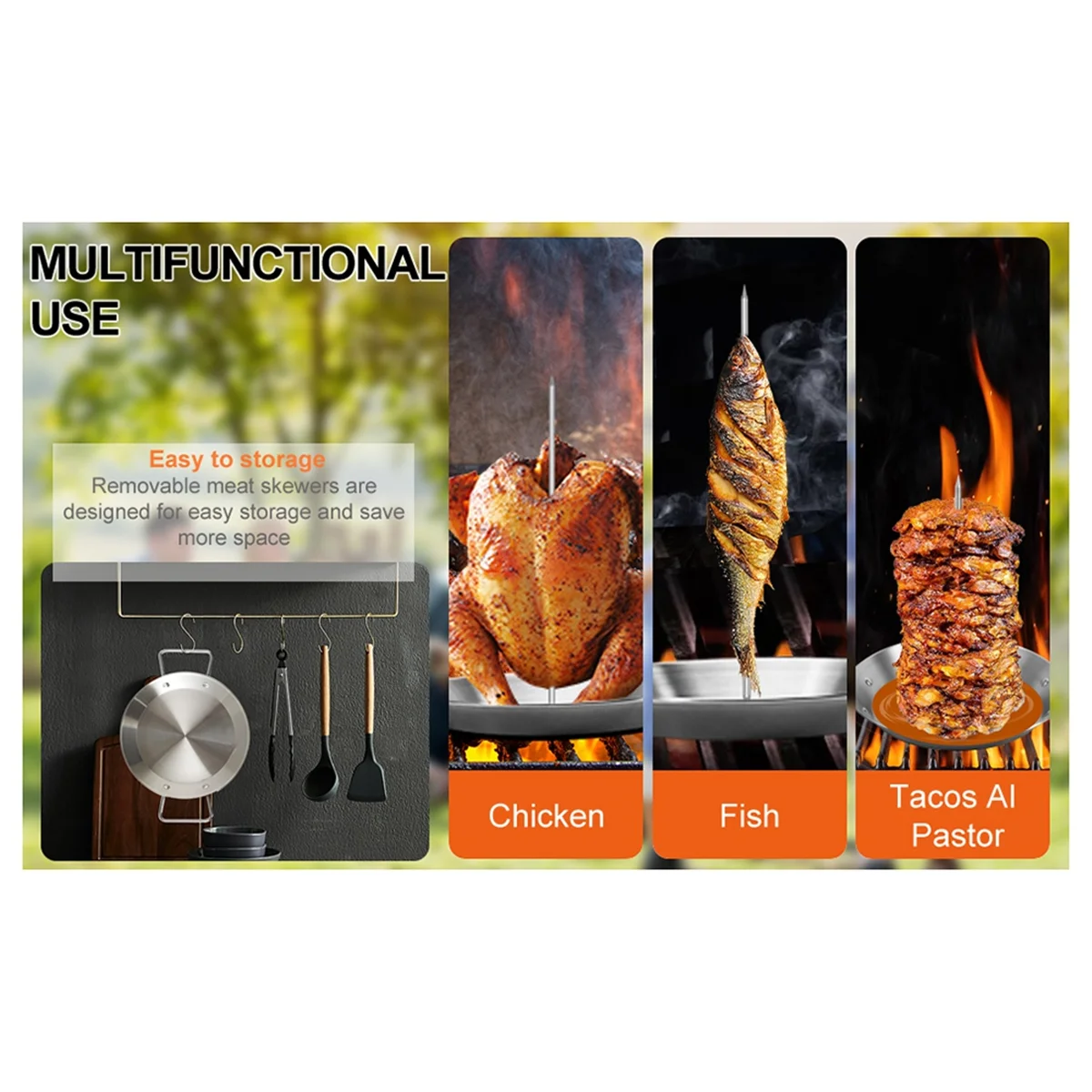 

Al Pastor Skewer for Grill, Stainless Steel Vertical Skewer, Brazilian Vertical Spit Stand with 3 Removable Spikes