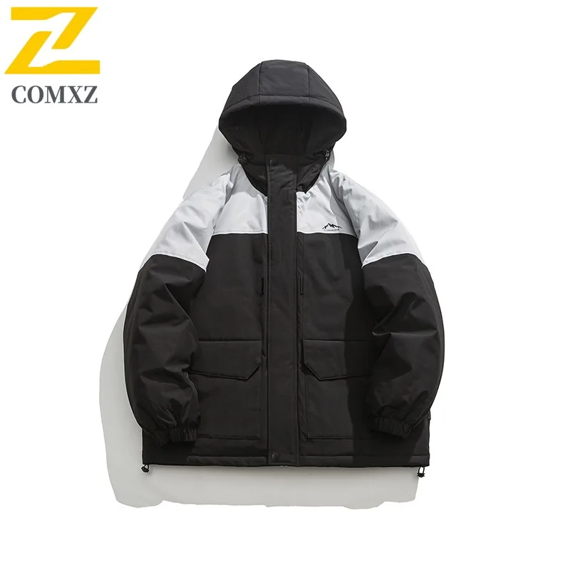 COMXZ Men Cotton Coat Winter Thick Cold Proof Quilted Outdoor Windproof Windbreaker American Streetwear Workwear Padded Jacket