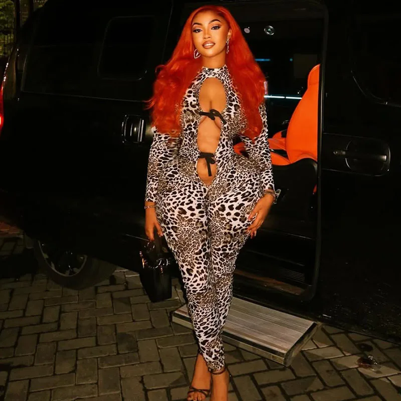 

Sexy Leopard Print Hollwo Out Bodycon Jumpsuits Women Long Sleeve Sheath Skinny Rompers Clubwear Night Party One Piece Jumpsuit