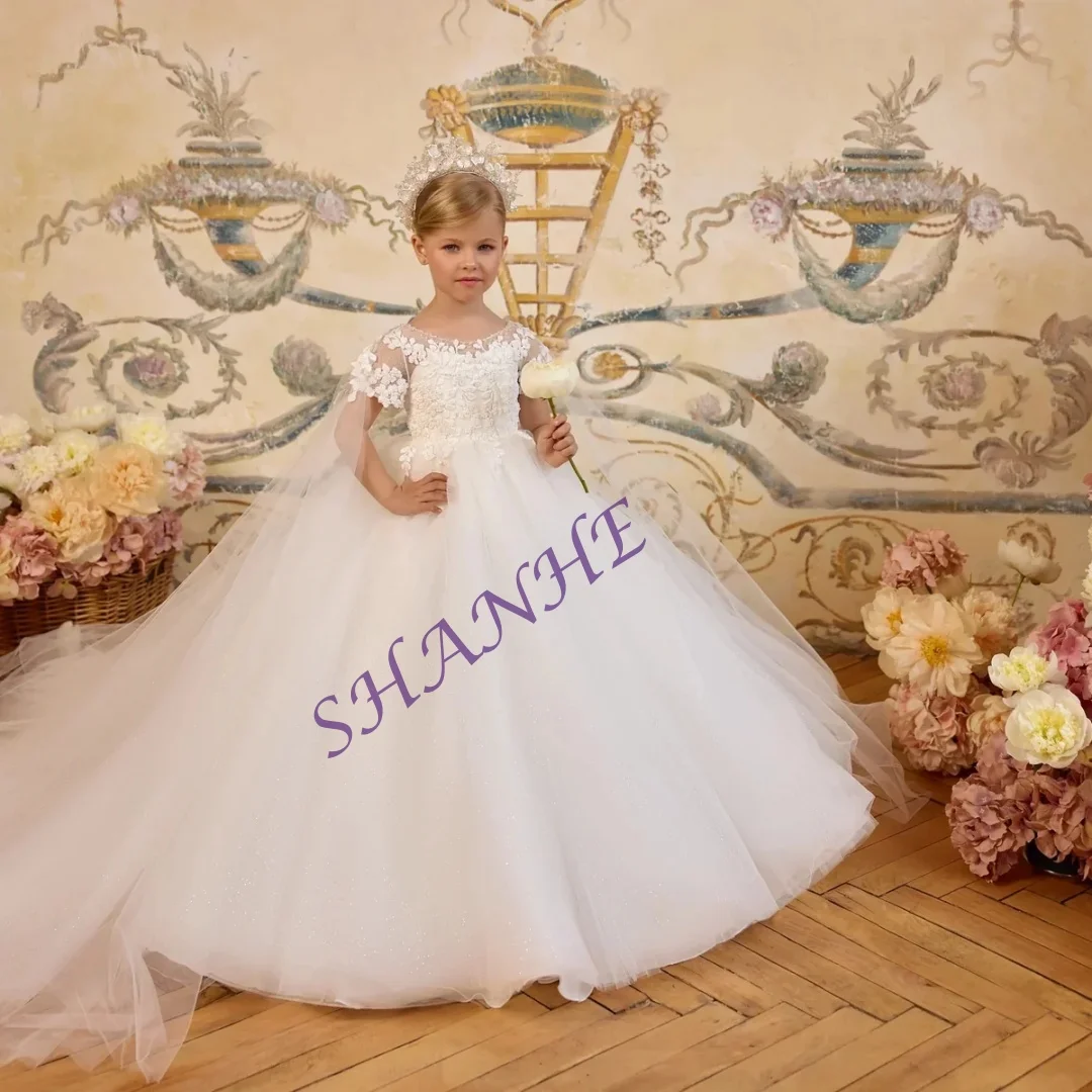 맞춤형 화이트 귀여운 볼 가운 플라워 걸 드레스 웨딩용 레이스 랩 첫 성찬식 드레스 튤 베이비 걸 생일 파티용