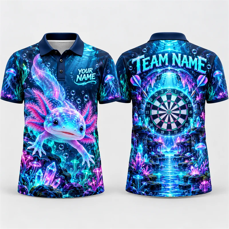 Personalized Team Darts Polo for Men Custom Name Axolotl Flamingo Polar Bear Honey Bear Owl Graphic Short Sleeve Sports Jersey