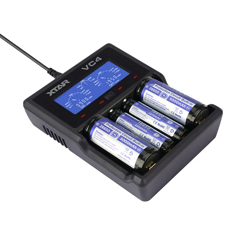 XTAR VC4 Battery Charger Universal LCD Screen Display USB Ni-MH/Ni-CD Li-ion 1.2V AAA AA fast Charger 18650 20700  21700 22650