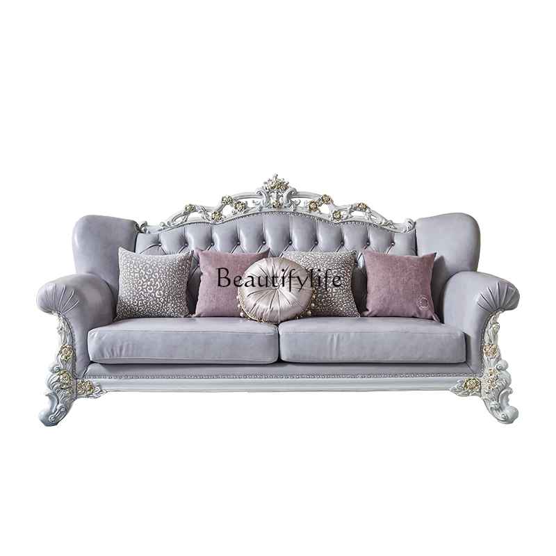 

35French leather sofa solid wood luxury European high-end luxury living room