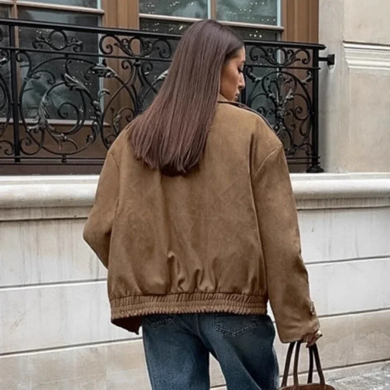 Fashion Zipper Short Jacket Women's Casual Lapel Collar Suede Full Sleeve Pocket Coat 2025 Lady Autumn Commuting Jackets