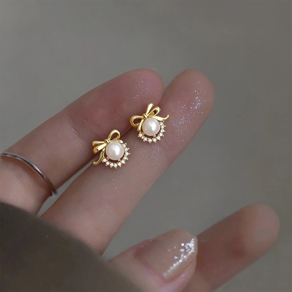 14K Gold Plated Copper Bow Stud Earrings Round Resin Pearl With Paved Zircon Tiny Elegant Jewelry Gift For Women Daily Wear