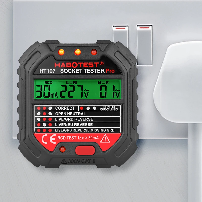 Habotest HT107 Socket Tester Pro Voltage Test RCD 30mA Socket Detector UK EU Plug Ground Zero Line Plug Polarity Phase Check