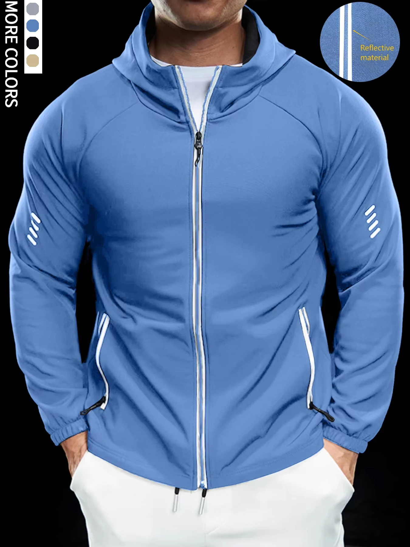 سترة بغطاء للرأس للرجال، مقاومة للماء، سحاب عاكس، رياضي، خارجي، تخييم، متعدد المواسم، يمكن إرسالها إلى صديقك #3