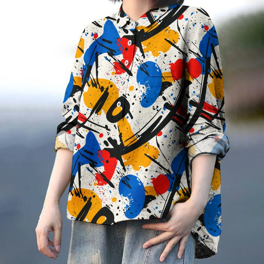 Women Daytime Abstract Art Shirt Casual Intricate Line Patterns Wear Trendy Women's blouse Versatile Featuring Color Block Shirt