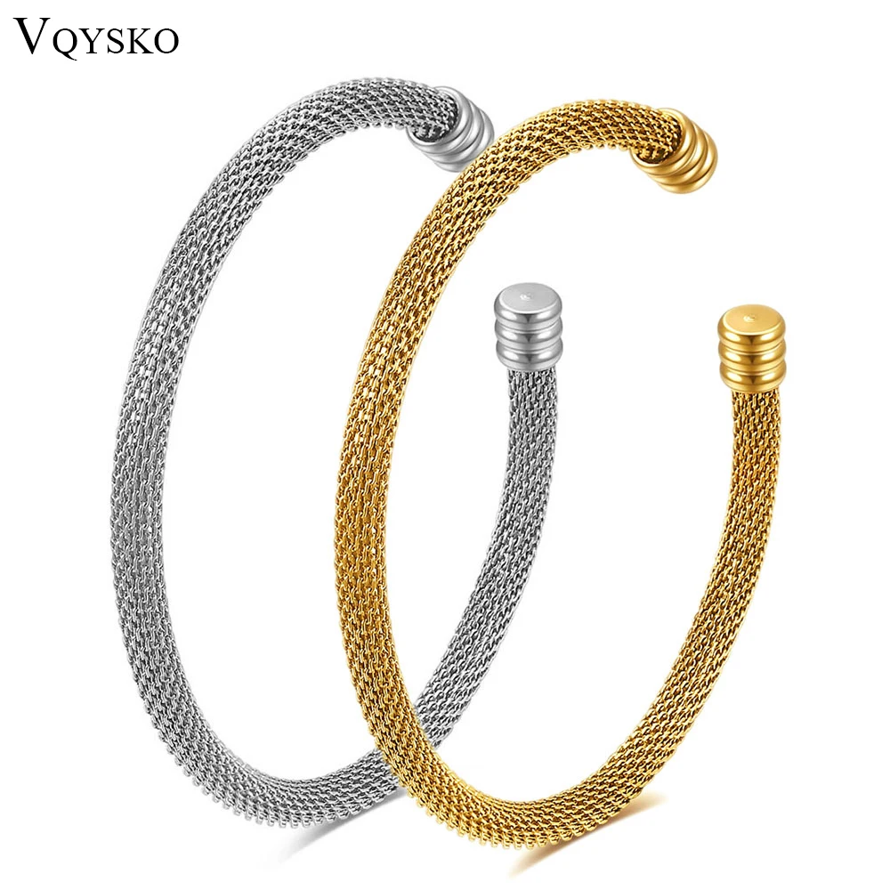 VQYSKO Steel Wire Opening Bracelet Gold Color Filled Mesh Unisex Chain Wholesale Jewelry Lady Bangle