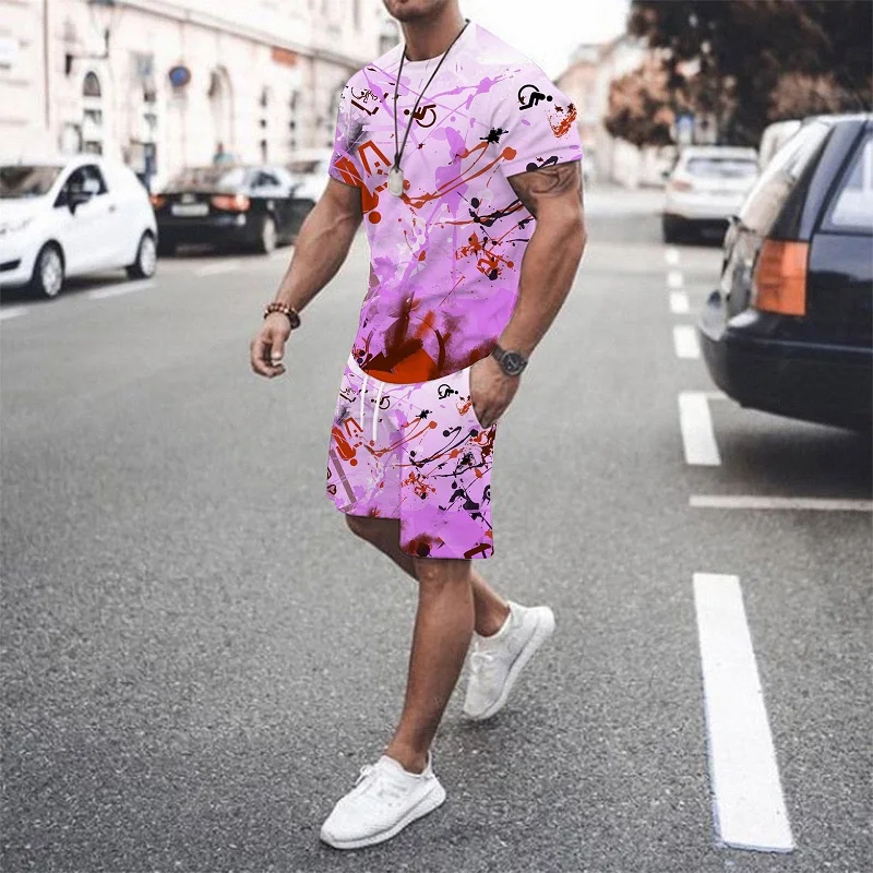 

Summer Men's T-shirt Set Tops+Shorts 2 Pieces 3D Printing Colorful Fashion Simple Daily Outfit Oversized Quick Dry For Husband