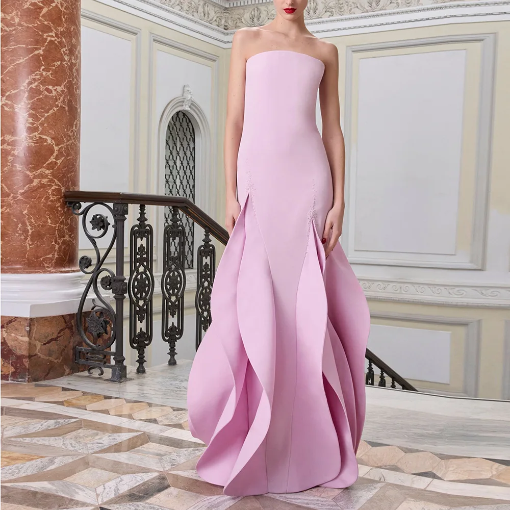 Strapless Pink Mermaid Evening Dress 2026 Ruffled Big Skirt Formal Prom Gown Beaded Side Floor Length Wedding Party Maxi Dress