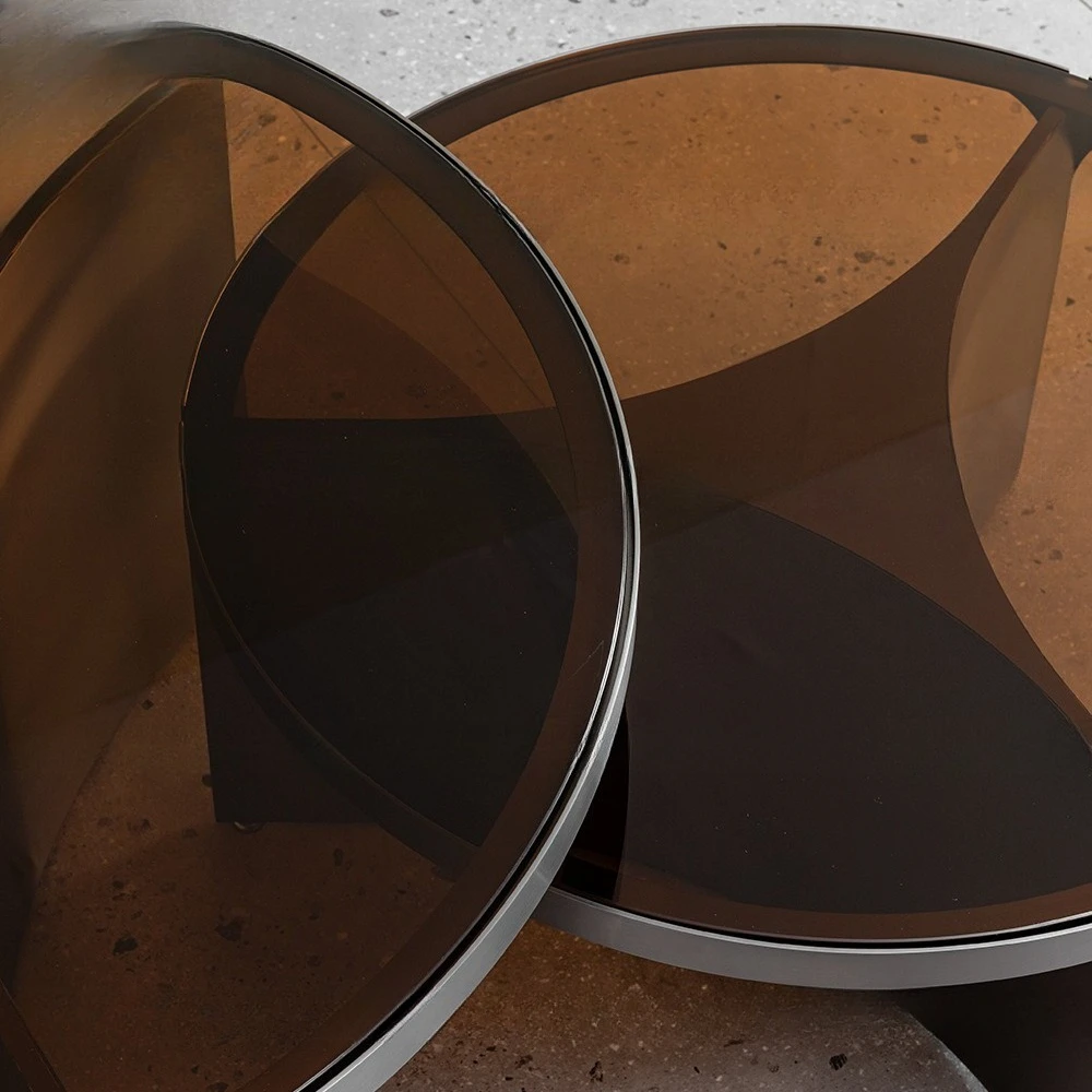 طاولة قهوة زجاجية مستديرة بنية إيطالية بسيطة، مجموعة طاولة شاي من الفولاذ المقاوم للصدأ قابلة للإزالة #3