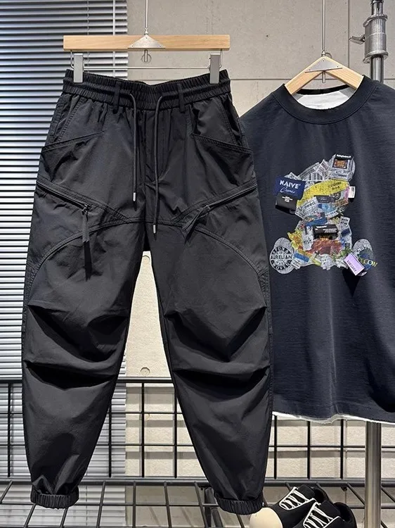 

Trendy Summer Thin Men's Casual Outdoor Work Pants Loose Fit Nine-Piece Harlan Pants Breathable Elastic Waisand Cargo orts