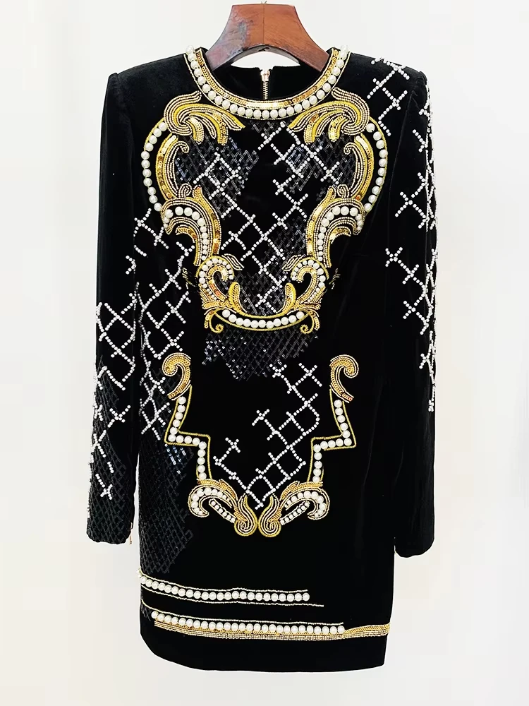 

2024 F/W Designer Runway Fashion Women's Long Sleeve Stunning Sequined Pearls Beaded Velvet Dress