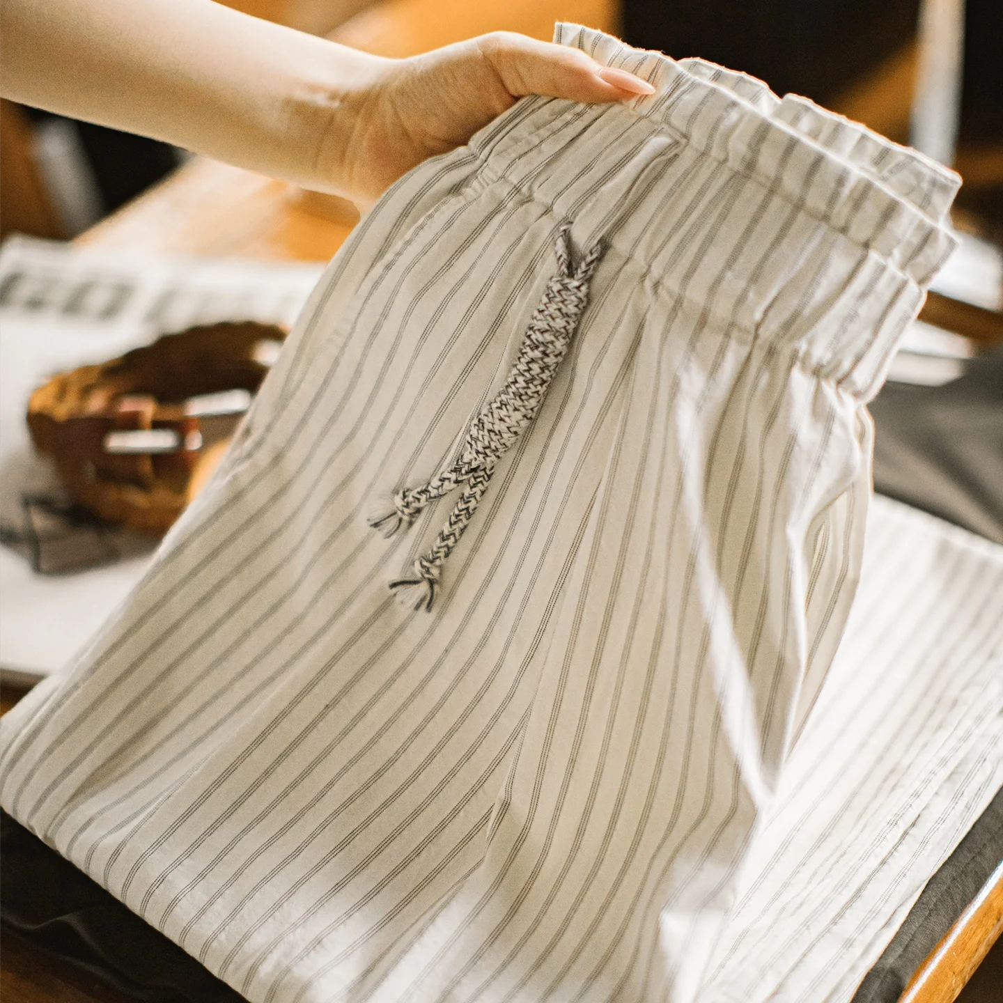 Maden Women's Striped Straight Wide Leg Trousers Old Money White Cotton Linen Texture Thin Breathable Loose Casual Daily Bottoms