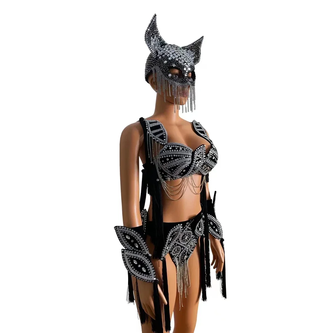 Black Cat Showgirl Bikini Suit with Headdress Rhinestones Halloween Rave Festival Clothing Women Cosplay Drag Queen Costumes