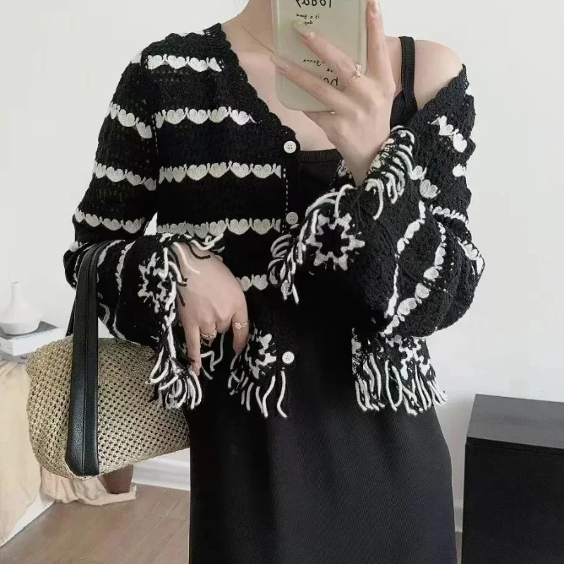 

Fringed Crochet Top for Women Button-up Striped Openwork Knit Cardigan with Tassel Sweater Jacket Boho Vacation Outfit