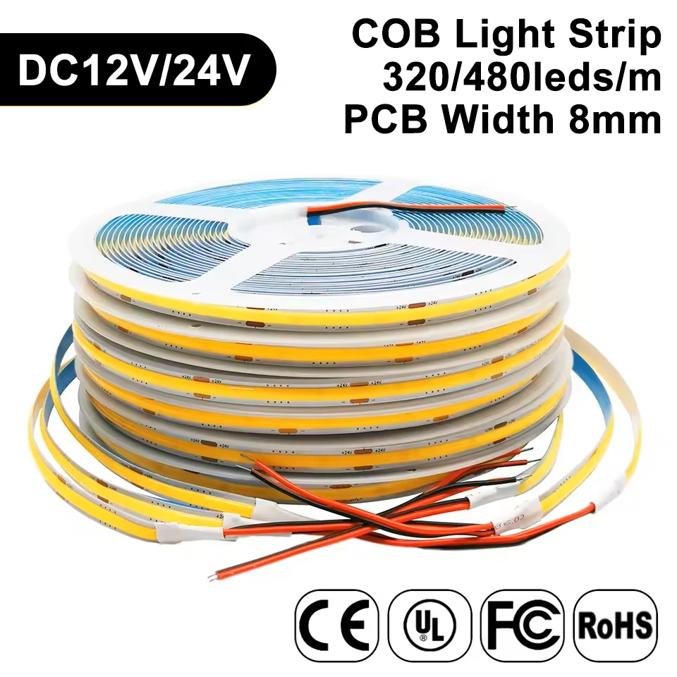 

DC12V 24V 8mm FOB COB Led Light Strip 320/480 Pixels/M High Density Flexible Linear Dimmable 10m/Roll Warm Nature Cool White