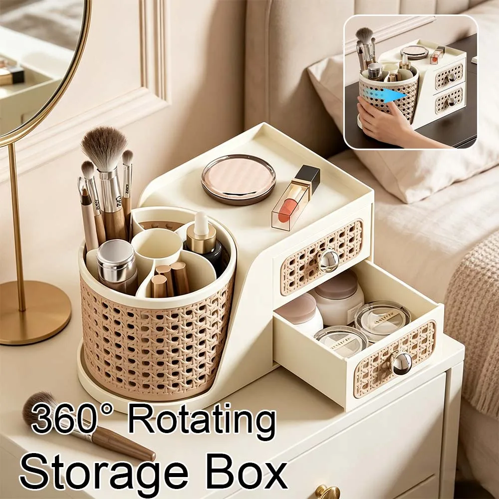 

Rotating Cosmetic Storage Box Wicker Texture 2-Tier Plastic Desk Dustproof Cream Display Cases for Vanity Makeup Brushes Holder