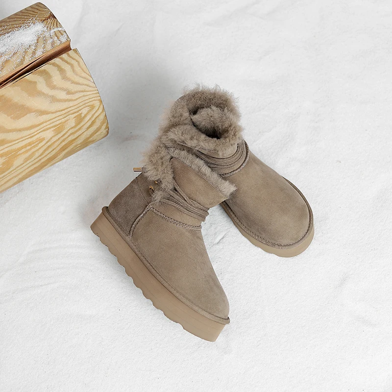 Sheepskin and fur integrated lightweight casual insole pure wool solid color round toe snow boots