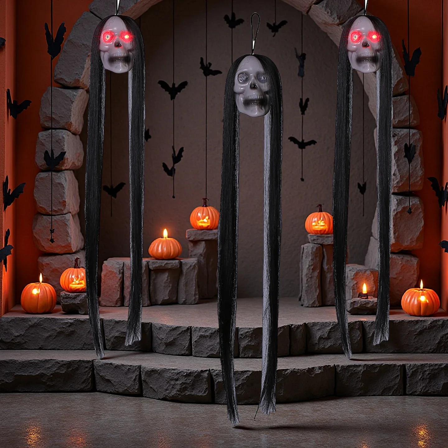 Хэллоуин висит призрак череп с длинными волосами светящиеся глаза террор череп призрак дом голова скелет реквизит 2024 Хэллоуин украшения