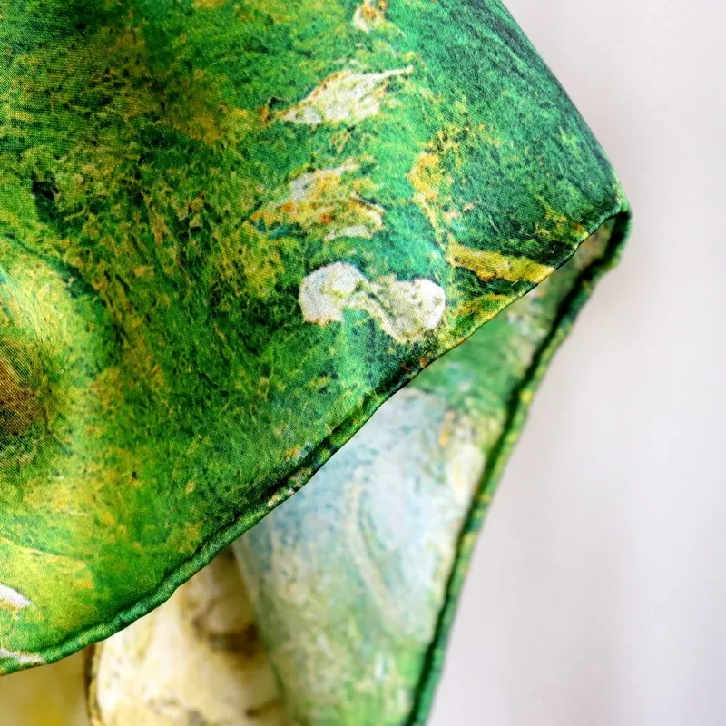High-end Elegant Women Exquisite Green Country Road Printed Quality Plain Satin Silk Hand-rolled Edge Large Square Scarf Shawl