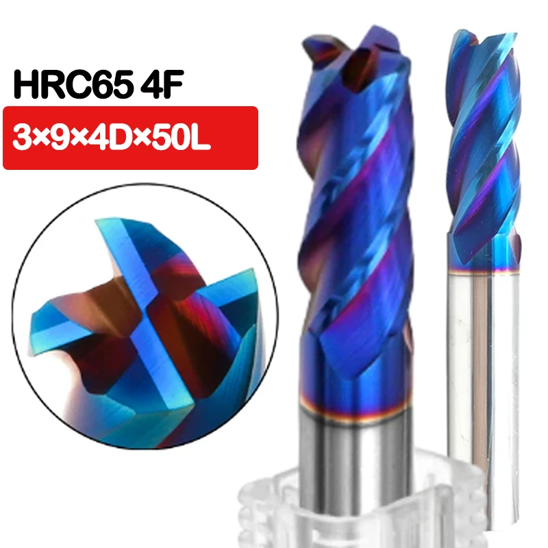 D3x9x4x50L End Mill 50mm Long HRC65 4 Flute 3mm Fattened End Mills Straight Slim Shank nACo-Blue Coated Milling Cutter