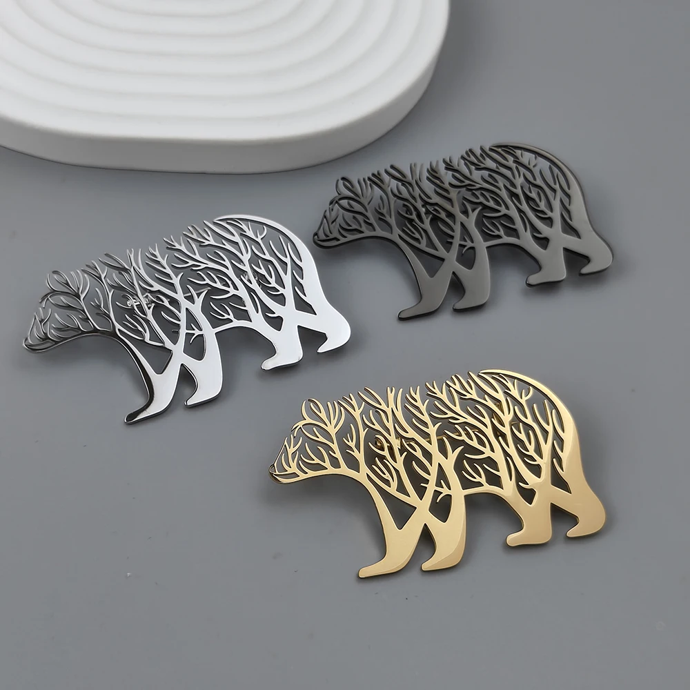 Bear Pattern Brooch for Mens Luxury Stainless Steel Hollow Animal Lapel Pin Clothing Accessories Christmas Party Gifts