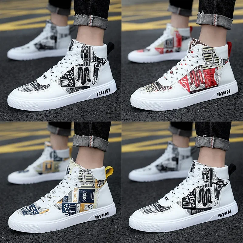 Tênis estilo grafite alto masculino, tênis de rua casual, sapatos de rua da moda para estudantes, primavera e outono